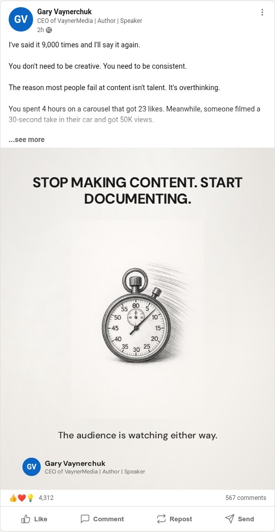 LinkedIn post example — Stop Making Content. Start Documenting.