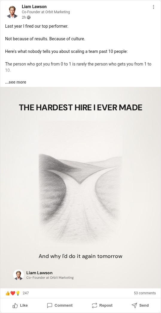 LinkedIn post by Liam Lawson — The Hardest Hire I Ever Made