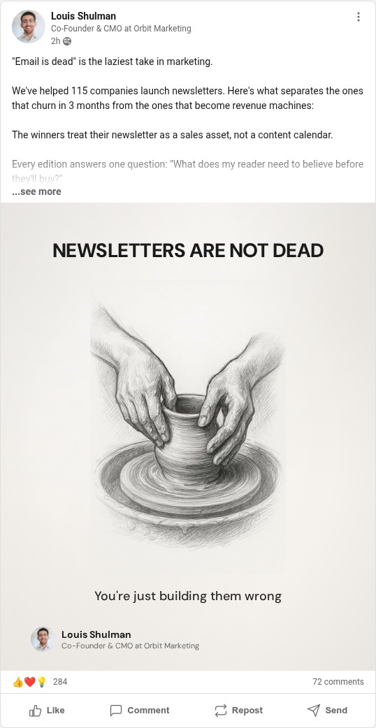 LinkedIn post by Louis Shulman — Newsletters Are Not Dead