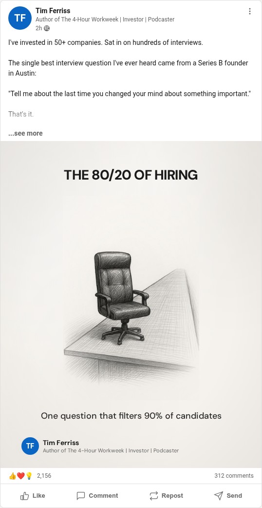 LinkedIn post example — The 80/20 of Hiring